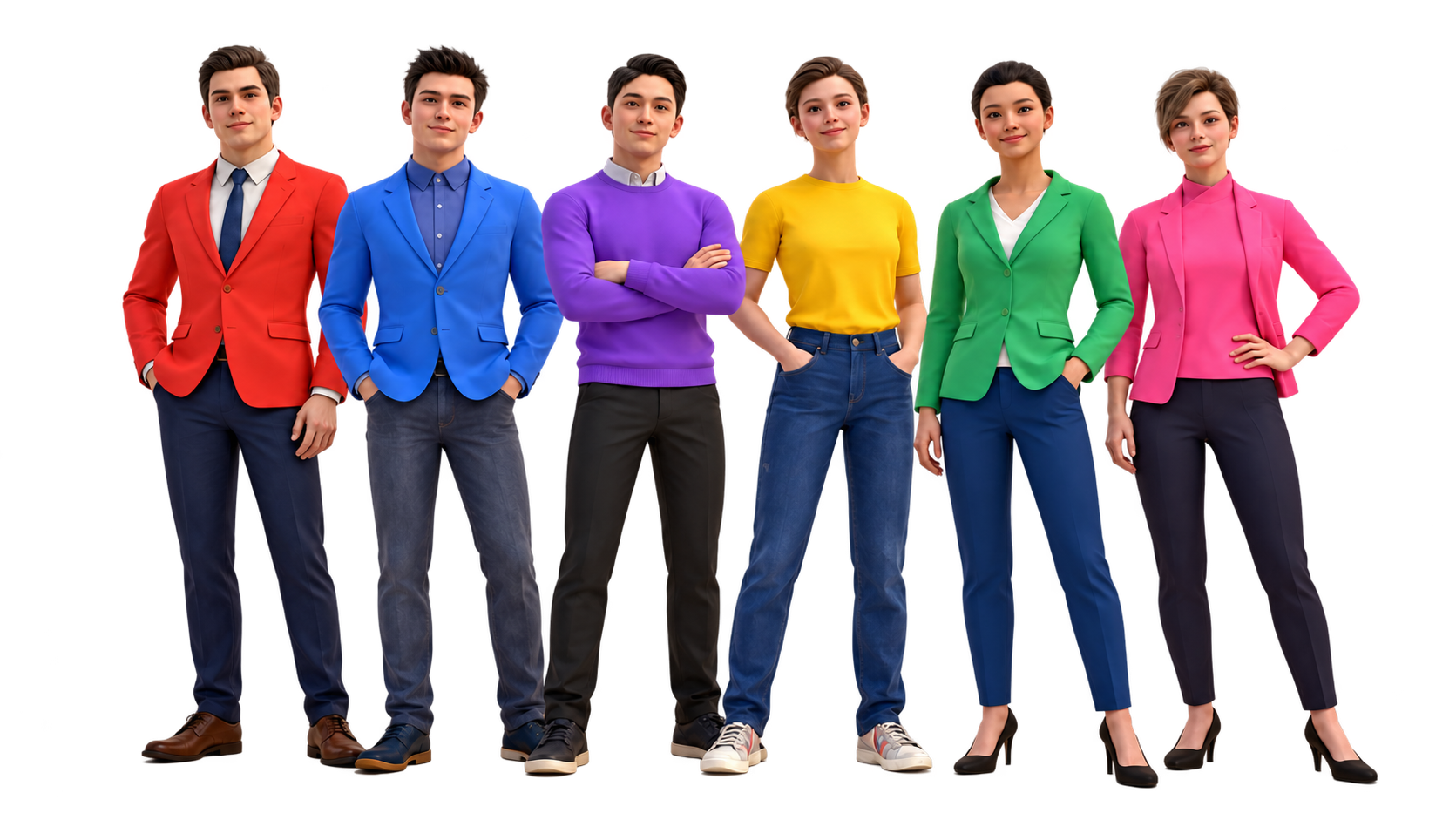 Agent Red, Agent Blue, Agent Purple, Agent Yellow, Agent Green and Agent Pink, standing together in their original poses