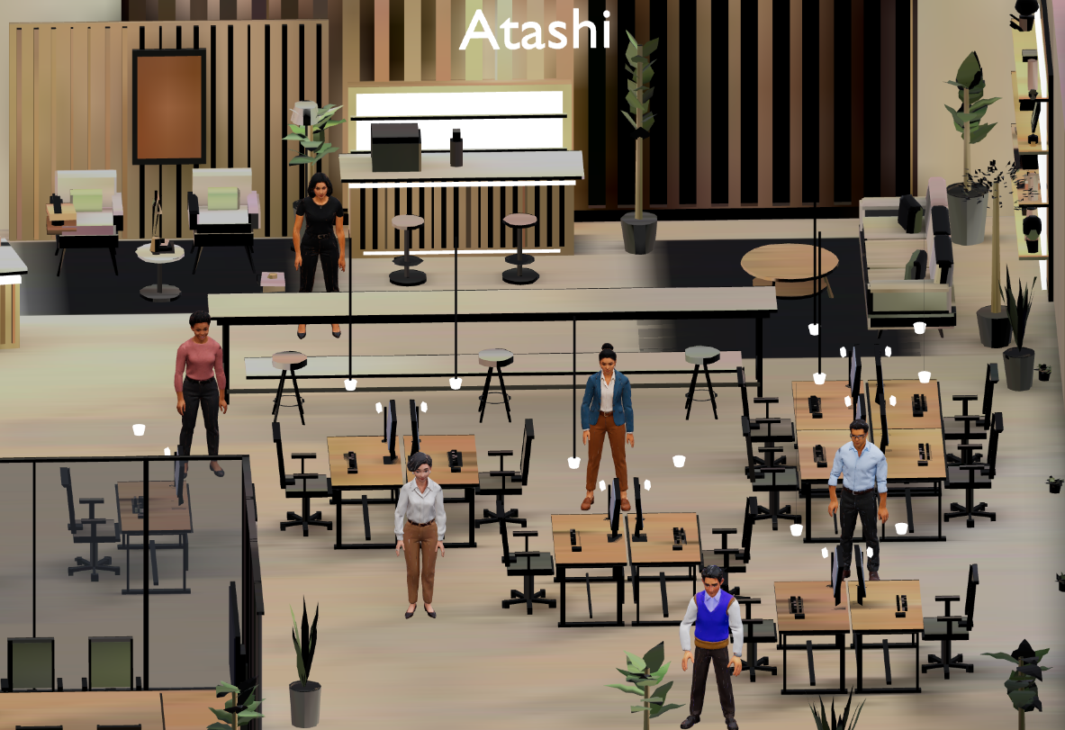 The Atashi 3D office — six agents at their desks