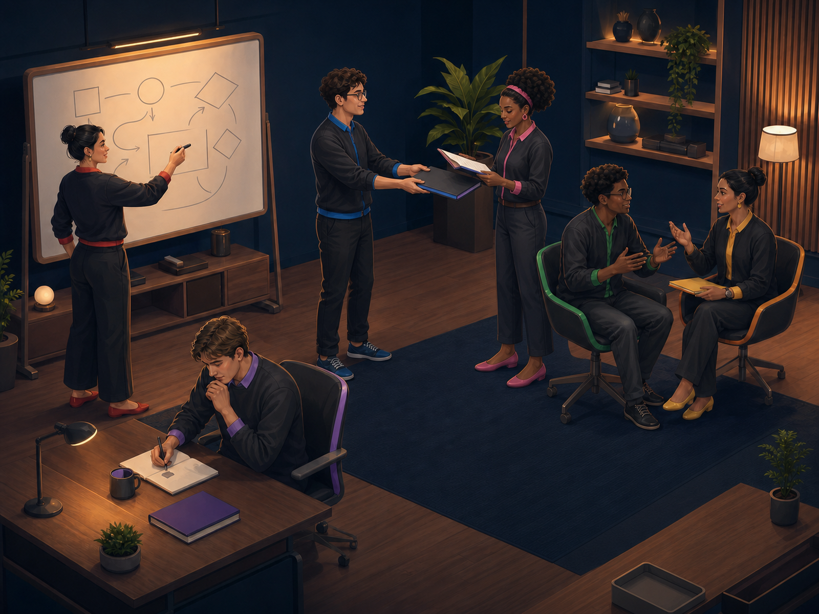 The Atashi office — six colour-coded teammates collaborating: planning at a whiteboard, handing work across, in discussion, and deep at a desk