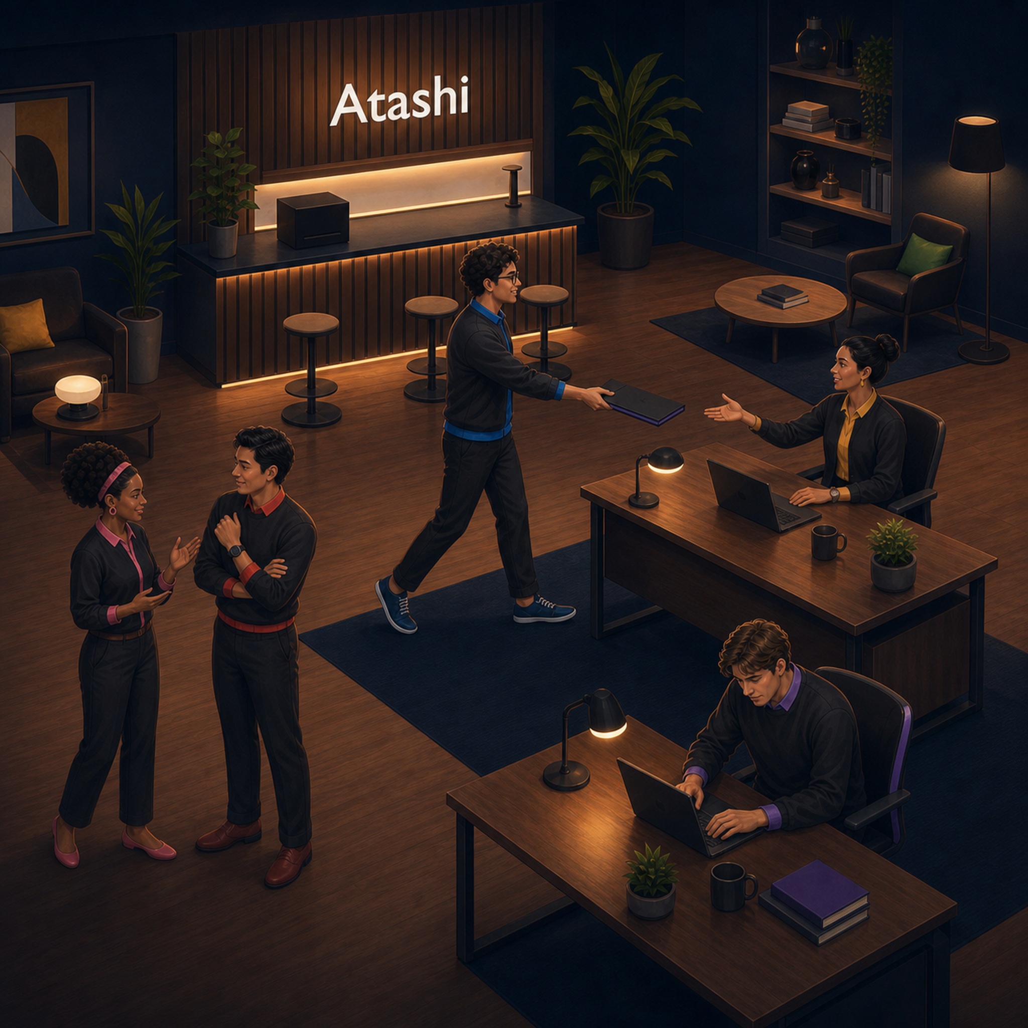Inside the Atashi office — a teammate walks work across for a handoff while others focus and discuss, under the Atashi wall sign